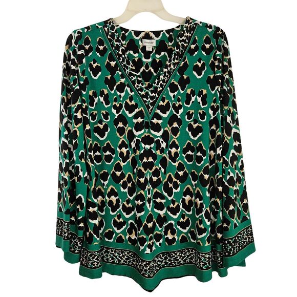 Avenue Tunic Top Womens 18/20 Green Black Animal Print V-Neck Flowy Long Sleeves - Picture 1 of 11